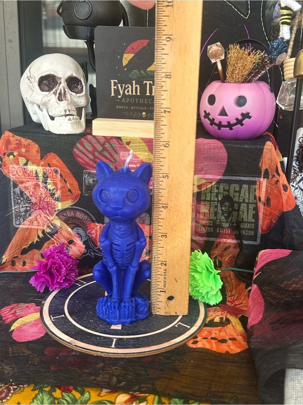 Handmade Blue Skeleton Cat Candle – Gothic Cat Figurine Candle